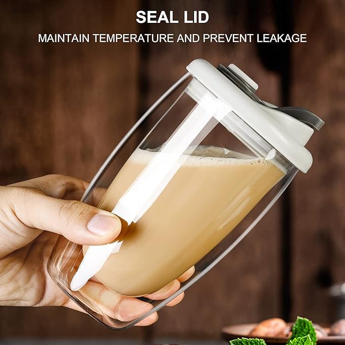 PARACITY Double Wall Glass Coffee Mug, Glass Coffee Cup with Silicone Lid 15 OZ, Insulated Coffee Mug, High Borosilicate Glass Double Walled Cup Portable & Household (Grey)