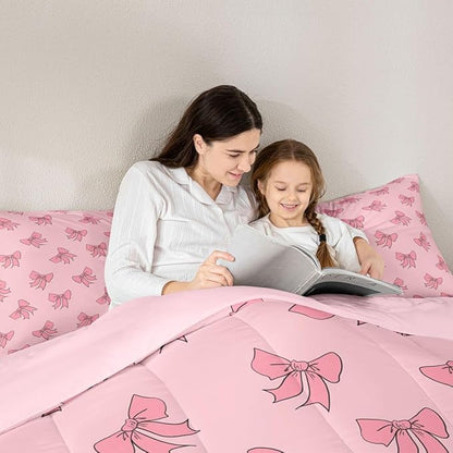 Erosebridal Kids Pink Bow Bedding Set Full Princess Bows Comforter Set Kawaii Preppy Bowknot Comforter for Girls Women Coquette Room Decor Modern Trendy Girly Aesthetic Quilt Duvet
