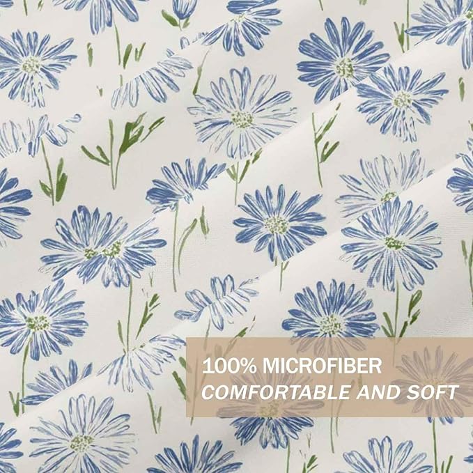 Nanko White And Blue Floral Comforter Set Queen Size 3 Pcs, Dandelion Flower Green Leaf Printed Pattern Soft Microfiber Alternative Duvet, Farmhouse Bedding Set, Bed in a Bag for Women Men Teen, 90x90
