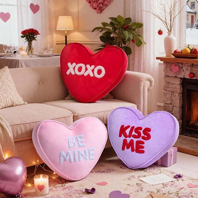 Lanpn Valentines Day Heart Pillows 3Pcs, Love Heart Shaped Pillow Plush Throw Pillow Heart Decorative Cushion for Living Room Bedroom Couch Bed Sofa Valentine Day Decor (Pink Red Purple, 16x14in)