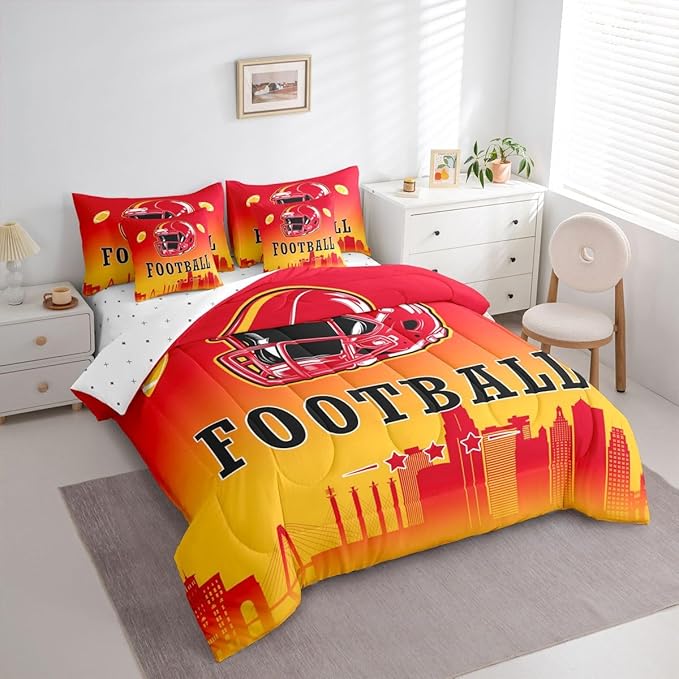 Erosebridal American Soccer Comforter Set with Sheets King Boys Football Fans 7 Pcs Bedding Set American Rugby Sports Bed in A Bag for Kids Teen Adults,City Silhouette Ball Games Bed Set