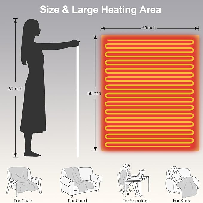 Electric Heated Blanket Throw 50''x60'' – Soft Dual-Sided Flannel, 12 Heat Settings, Smart Timer, ETL & FCC Certified, Machine Washable (Deep Gray & Light Gray, Single(50"x60"))
