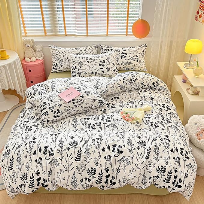 CLOTHKNOW White Black Comforter Set California King Black Floral Bedding Comforter Sets White Boho Bedding Sets Black Flowers Bed Comforter Sets