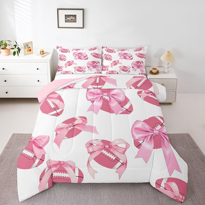 Bowknot Football Comforter Set Twin Size,Pink Bow Knot Print Bedding Sets 2Pcs for Kids Girls Women Room Decor,Ball Sport Games Theme Quilted Duvet Cute Cartoon Girly Down Comforter,1 Pillowcase