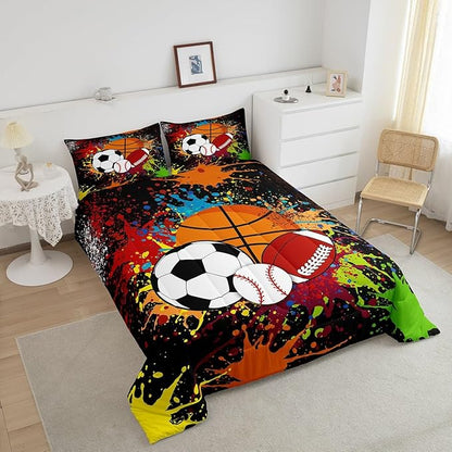 Feelyou Rugby Sports Comforter Set Toddler Size Baseball Comforter for Boys Girls Teens Basketball Bedding Set Football Duvet Set Room Decor Multiful Mixed Ball Quilt Set