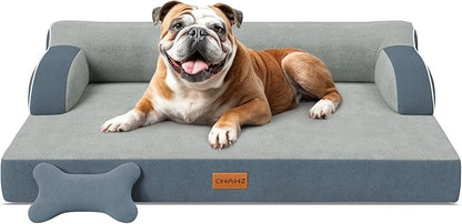 Large Orthopedic Dog Bed, Pet Bed Large Size Dog, Dual-Sided Cooling Beds with Memory Foam Washable Cover Nonslip Bottom, Waterproof Pet Beds with Bolsters, Dark Grey