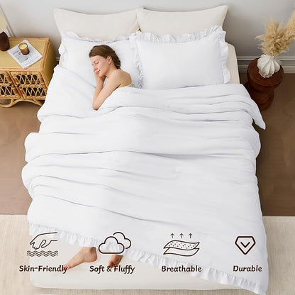FUANNA Full Size Comforter Sets White, 3 Pieces Ruffle Full Size Bedding Sets, Fluffy Bed in a Bag Full for All Seasons, Shabby Chic Full Bed Set with 1 Lightweight Comforter & 2 Pillowshams