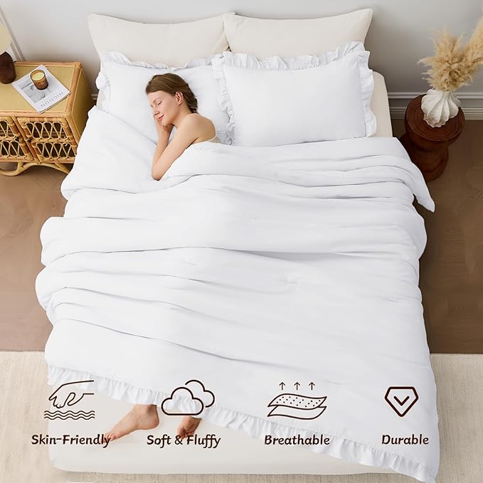 FUANNA Queen Comforter Set White 3 Pieces, Ruffle Shabby Chic Queen Bed Set, Fluffy Lightweight Soft Bed in a Bag Queen for All Seasons, Farmhouse Bedding Comforter Sets(1 Comforter & 2 Pillowshams)