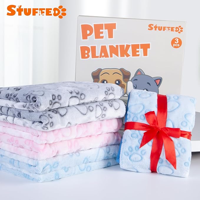 Stuffed 3pcs Colorful Soft Dog Blankets for Small Dogs Kittens, Washable Cat Blanket for Puppy Boys Gilrs, Dog Owner Gifts, 16 * 24 inches Grey Pink Blue Paw Print