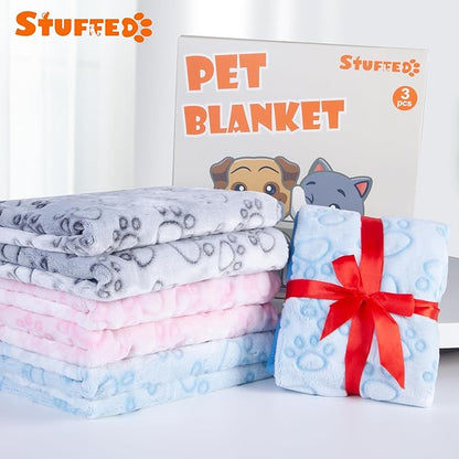 Stuffed 3pcs Colorful Soft Dog Blankets for Small Dogs Kittens, Washable Cat Blanket for Puppy Boys Gilrs, Dog Owner Gifts, 16 * 24 inches Grey Pink Blue Paw Print