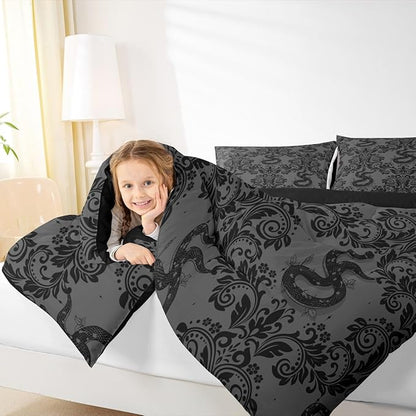 Feelyou Adults Gothic Bedding Set Soft for Boys Girls, Dark Olive Green Damask Comforter Set Full Size Snake Duvet Quilt Microfiber Bedroom Decor 3 Pcs with 2 Pillow Cases