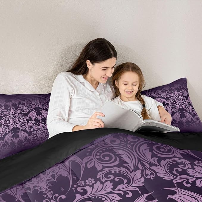 Feelyou Gothic Damask Print Comforter Set Toddler Size Purple Goth Bat Victorian Floral Bedding Set for KidsBoho Bohemian Exotic Duvet Quilt Bedroom Decor Microfiber 2 Pcs with 1 Pillow Cases