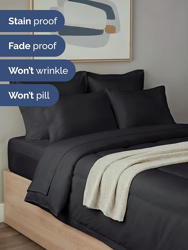 King Comforter Set - 5 Piece Bed in a Bag King Size Bed Set - Down Alternative Comforter, Flat Sheet, Fitted Sheet, Pillowcase & Shams for All Seasons - Ultra Soft, Cozy, Comfy and Breathable - Black