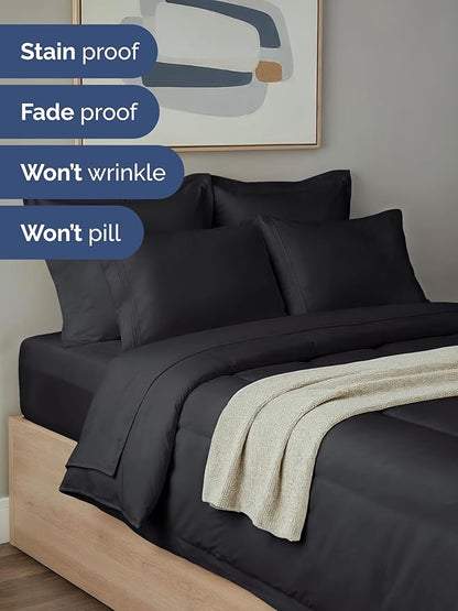 King Comforter Set - 5 Piece Bed in a Bag King Size Bed Set - Down Alternative Comforter, Flat Sheet, Fitted Sheet, Pillowcase & Shams for All Seasons - Ultra Soft, Cozy, Comfy and Breathable - Black