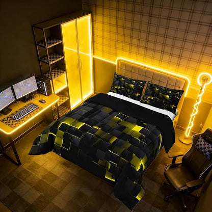Erosebridal Black Yellow Comforter Set King Neon Geometric Checkered Bedding Set for Kids Adults Abstract Stereoscopic Grids Quilt Square Plaid Bed Set 3 Pcs Gamer Room Decor