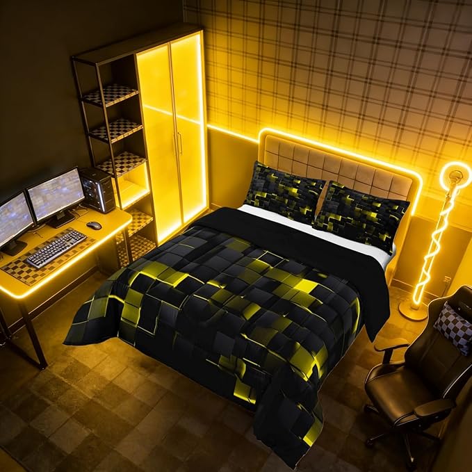 Erosebridal Black Yellow Comforter Set Twin Neon Geometric Checkered Bedding Set for Kids Adults Abstract Stereoscopic Grids Quilt Square Plaid Bed Set 2 Pcs Gamer Room Decor