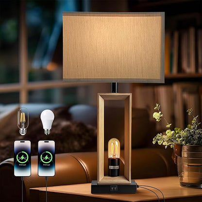 Farmhouse Wood Table Lamps for Living Room, 3 Color Temperature Adjustable & USB-A/C Charging Ports Nightstand Lamps, 4 LED Bulbs Included