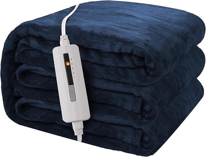 Electric Heated Blanket 50"x60" Throw Size Flannel Heated Blanket, Cozy & Warm for All Night, 5 Heat Settings & 3 Hours Auto Off, Machine Washable, Dark Blue