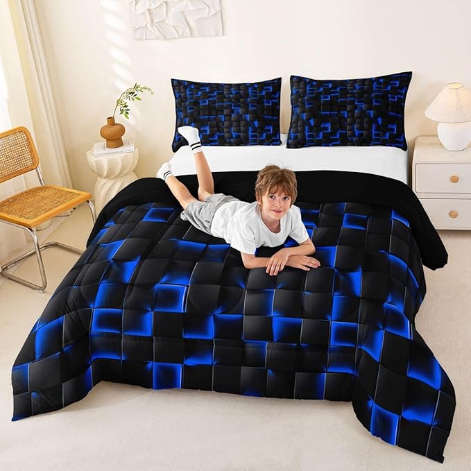 Erosebridal Neon Black Blue Boys Comforter Set Toddler Size Geometric Checkered Kids Bedding Set Teen Men Gaming Room Decor,Abstract Ombre Plaid Comforter Grids Quilt Duvet