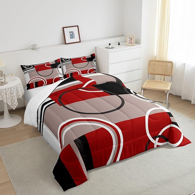 Erosebridal Modern Red Grey Black Stripes Comforter Set Geometric Down Comforter Queen Size Retro Circle Swirls Bedding Set Bedroom Decor Modern Abstract Texture Color Art Quilt Set
