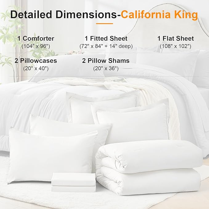 California King Comforter Set 7 Pieces - Ultra-Soft Bed in a Bag, Cozy Luxury All Season Bedding Sets with Comforter, Flat Sheet, Fitted Sheet, 2 Pillow Shams & 2 Pillowcases, White