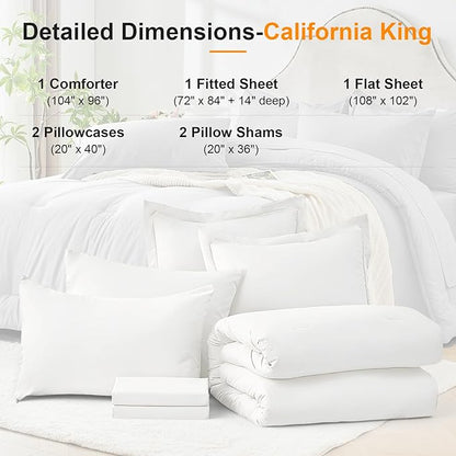 California King Comforter Set 7 Pieces - Ultra-Soft Bed in a Bag, Cozy Luxury All Season Bedding Sets with Comforter, Flat Sheet, Fitted Sheet, 2 Pillow Shams & 2 Pillowcases, White