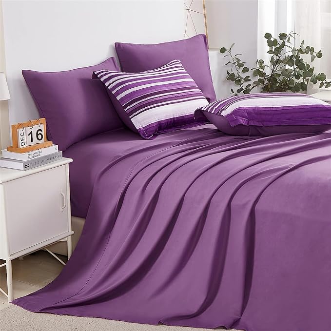 KAKIJUMN 5 Piece Bed in a Bag Stripe Comforter Set Twin Size, White and Purple Patchwork Striped Comforter and Sheet Set, All Season Soft Microfiber Complete Bedding Sets(Purple,Twin)