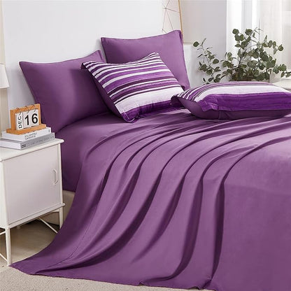 KAKIJUMN 5 Piece Bed in a Bag Stripe Comforter Set Twin Size, White and Purple Patchwork Striped Comforter and Sheet Set, All Season Soft Microfiber Complete Bedding Sets(Purple,Twin)