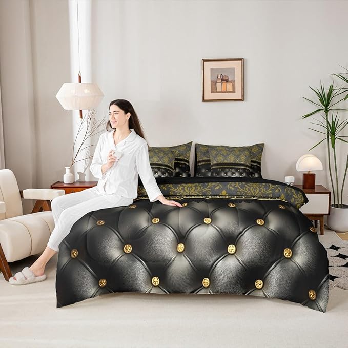 Golden Damask 7 Piece Comforter Set Full Bed in a Bag | Luxury Black Diamond Texture Pattern Bohemian Bedding Sets Victorian Decor Gothic Vintage Floral Comforter and Sheet Set, Baroque Goth Bed Sets