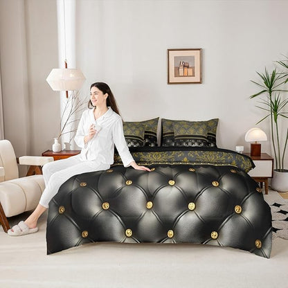 Golden Damask Bed in a Bag King Size Comforter Set 7 Pieces,Luxury Black Diamond Texture Bohemian Bedding Sets Victorian Decor Gothic Vintage Floral Comforter and Sheet Set, Baroque Goth Bed Sets