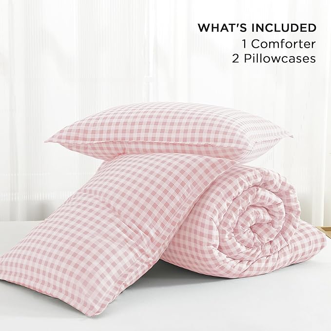 Andency Pink Gingham Comforter Set Queen(90x90Inch), Blush Checkered Grid Plaid Buffalo Bed Set for Girls Boys Kids Teens, 3 Pieces Lightweight Microfiber Geometric Preppy Bedding