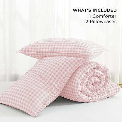 Andency Pink Gingham Comforter Set Queen(90x90Inch), Blush Checkered Grid Plaid Buffalo Bed Set for Girls Boys Kids Teens, 3 Pieces Lightweight Microfiber Geometric Preppy Bedding