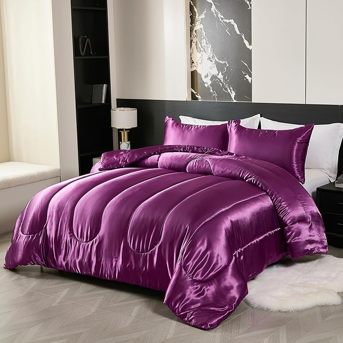 Satin Comforter Set King Silk Like Satin Bedding Set Luxury Hotel Silky Bed Home Deocr Sexy Silky Down Comforter Purple Bed Set 3 Pcs
