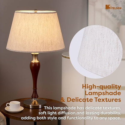 Table Lamp, Modern Nightstand Desk Lamp with Dimmer Switch and Bulb, Mid Century Lamp for Living Room and Office, Wood Bedside Lamp for Bedroom, Home Décor, Walnut Wood Finish