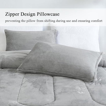Faux Fur Comforter Set, Ultra Soft Warm Plush Velvet Comforter, Fluffy Fuzzy Fleece Bedding Comforter Sets for Fall Winter, No Shedding, 3PC, Queen Size, Light Grey