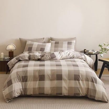 Cottonight Checkered Khaki Comforter Set Full Gingham Grid Bedding Set Khaki and Cream Coffee Grid Comforter Fluffy Soft Bedding Set Kids Teens Full Comforter with 2 Pillowcases