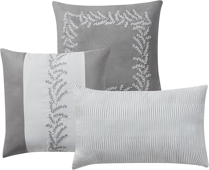 Queen Comforter Set 7-Piece Embroidered Faux Suede Bedding – Soft, Elegant & Complete Bedding Set with 1 Comforter, 2 Pillow Shams, 1 Bed Skirt, and 3 Decorative Throw Pillows, Queen, Gray