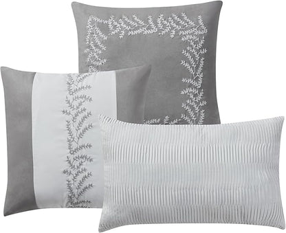 King Size Comforter Set 7-Piece Embroidered Faux Suede Bedding – Soft, Elegant & Complete Bedding Set with 1 Comforter, 2 Pillow Shams, 1 Bed Skirt, and 3 Decorative Throw Pillows, King, Gray