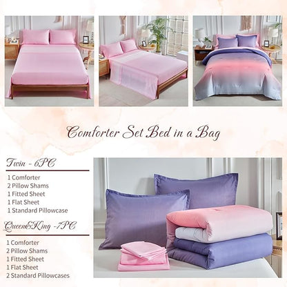 Grey Pink and Purple Gradient Comforter Set King Size 7 Pieces Elegant Ombre Bed in a Bag - Reversible All Season Bedding Set with Comforter, Flat Sheet, Fitted Sheet, 2 Pillowcases & 2 Pillow Shams