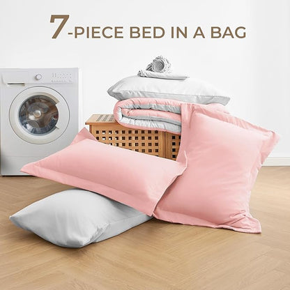 Sasttie King Size Comforter Set, 7 Pieces Reversible Bed in a Bag King, Complete Bedding Set Includes Comforter, Flat Sheet, Fitted Sheet, Pillowcases and Pillow Shams, Pink & Light Grey