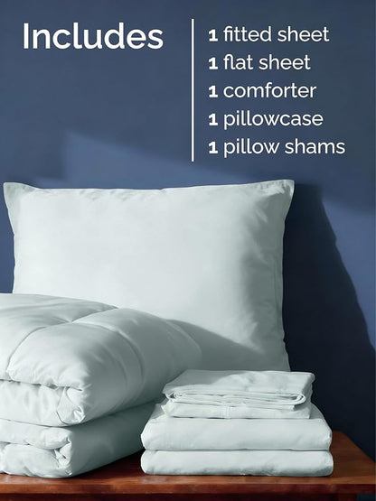 Twin Comforter Set - 5 Piece Bed in a Bag Twin Size Bed Set - Down Alternative Comforter, Flat Sheet, Fitted Sheet, Pillowcase & Sham for All Seasons - Ultra Soft, Cozy, Comfy & Breathable - Ice Blue
