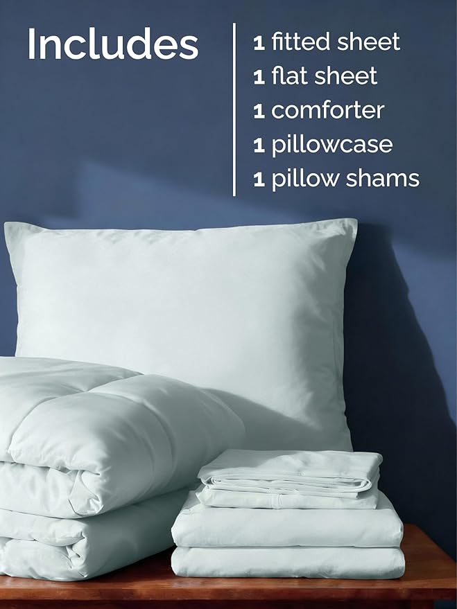 Twin XL Comforter Set - 5 Piece Bed in a Bag Twin XL Size Bed Set - Down Alternative Comforter, Flat Sheet, Fitted Sheet, Pillowcase & Sham for All Seasons - Ultra Soft, Comfy, Breathable - Ice Blue