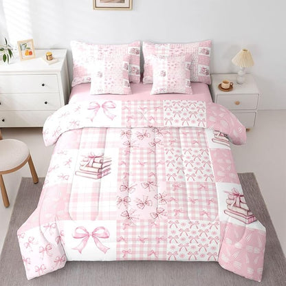 Feelyou Pink Bow Comforter Set Twin Size 7 Pieces Cute Bowknot Bedding Set for Kids Boys Girls Princess Bow Bed in a Bag with Comforter, Sheets, Pillowcases, Cushion Covers Kawaii Bedroom Decor