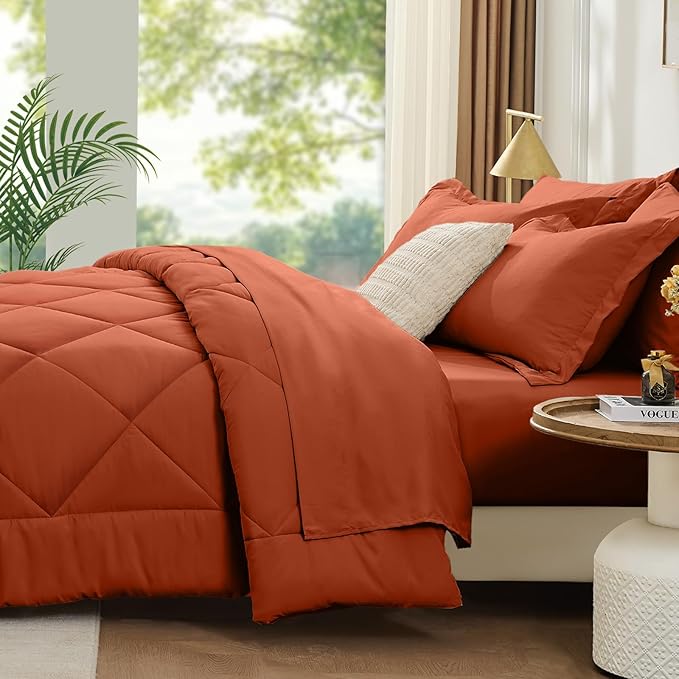 FUANNA 7 Pieces King Size Comforter Set, All Season Bed in a Bag King Size, Luxury Soft Bedding Sets with Comforter, Flat Sheet, Fitted Sheet, Pillowcases & Pillow Shams, Burnt Orange