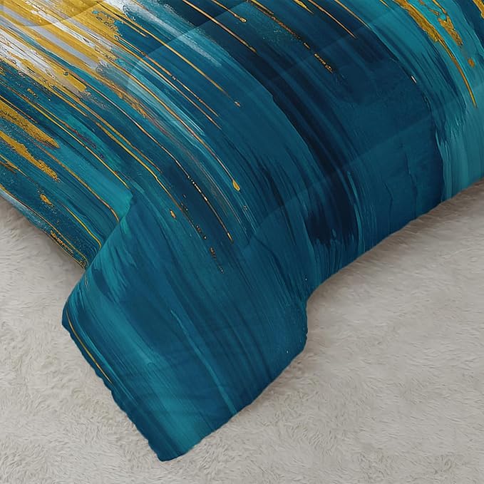 Lake Blue White Golden Gradient Print Comforter Set Full Size,Abstract Art Bedding Set,Patchwork Printed Quilted Set for Teens Adult,with 1 Comforter and 2 Pillow Case