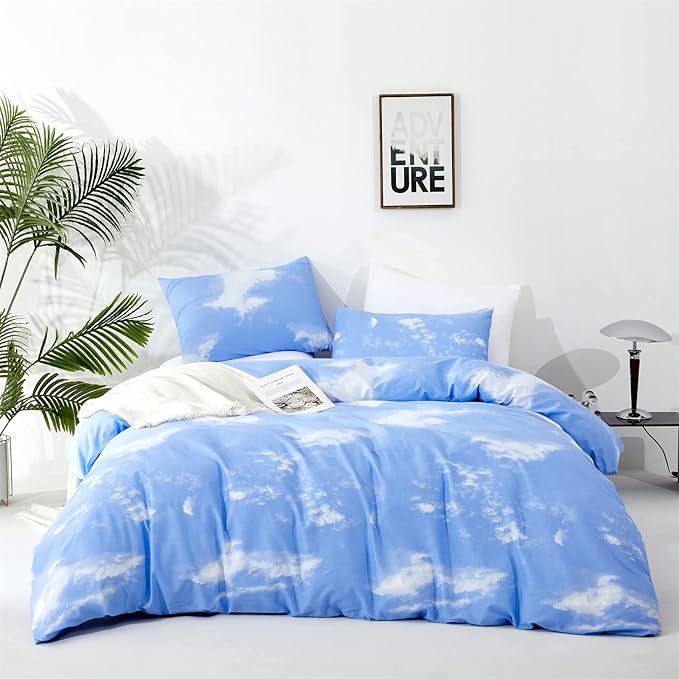 KAREVER Cotton Blue Cloud Comforter Set Twin Size Sky Blue Bedding Kids 3 Pieces Soft Light Blue Twin Comforter Bedding Set Boys Girls Solid Blue Twin Bed Blanket Set for All Season as Gift