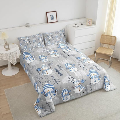 Cartoon Snowman Kids Comforter Set Queen Size,Merry Christmas Bedding Set 3Pcs Xmas Tree Snowflake Print Quilt Set for Girls Boys Teens Room Decor Blue Grey White Duvet Insert,2 Pillowcases