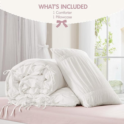 Intelligent Design Twin Comforter Set Ruched Shabby Chic Comforters for Twin Size Bed, All Season Lightweight Comforter Twin, French Country Bedding Set, Sham, Ella, Twin/Twin XL, White, 2 Piece