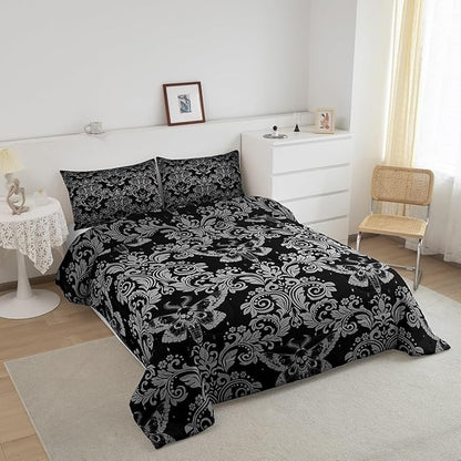Feelyou Adults White Black Vintage Damask Floral Comforter Set Oriental Antique Comforter Queen Size Gothic Bohemia Boho Flower Bedding Set Gothic Skull Duvet Set Quilt Set 3Pcs