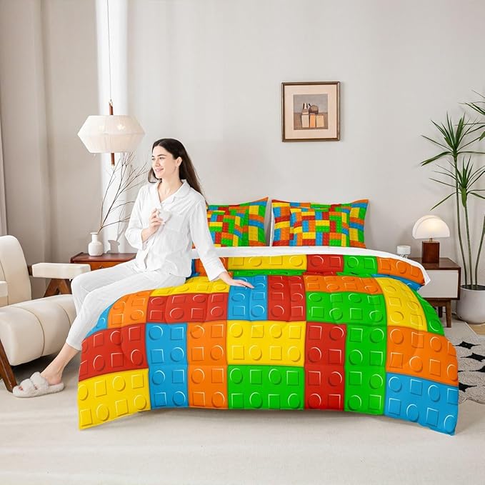 Building Block Kids Comforter Set 7 Pcs Queen Size, Brick Style Cartoon Gaming Bedding Quilt Set for Child Boys Room Decor Colorful Construction Fitted Flat Sheet 2 Throw Pillow Covers 2 Pillowcases